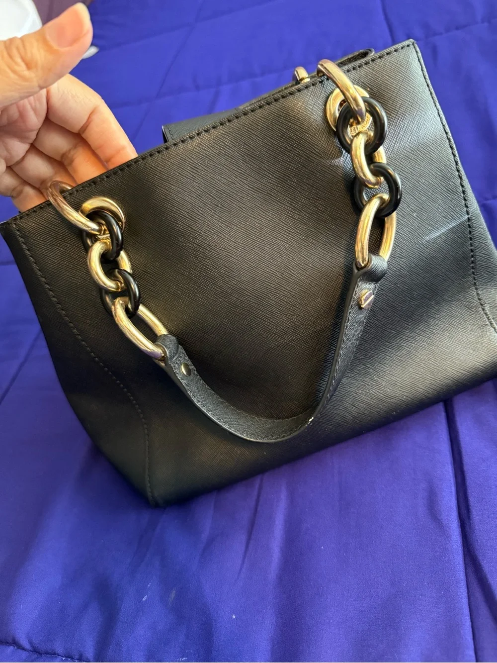 Michael Kors Black Saffiano Satchel with Gold Chain Accents